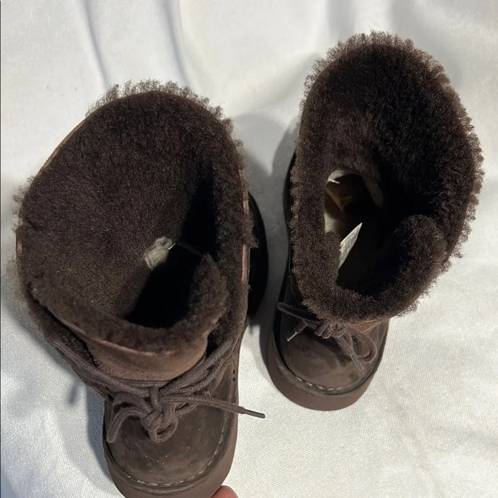 UGG Brown‎ Leather Suede Shearling Back Tie Mid Calf Boots Womens 7 1005430